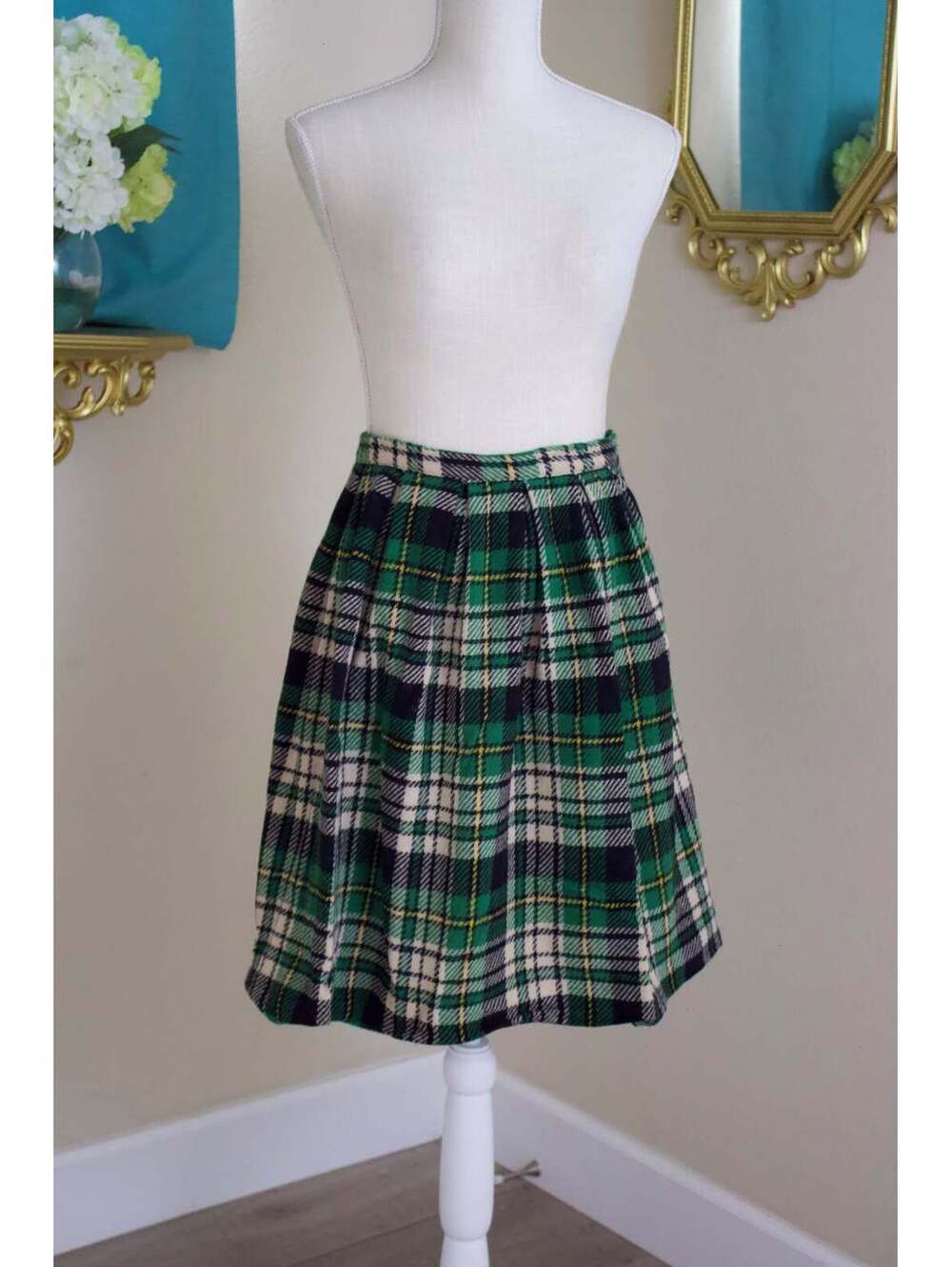 1960s Pandora Green and Black Wool Kilt Skirt